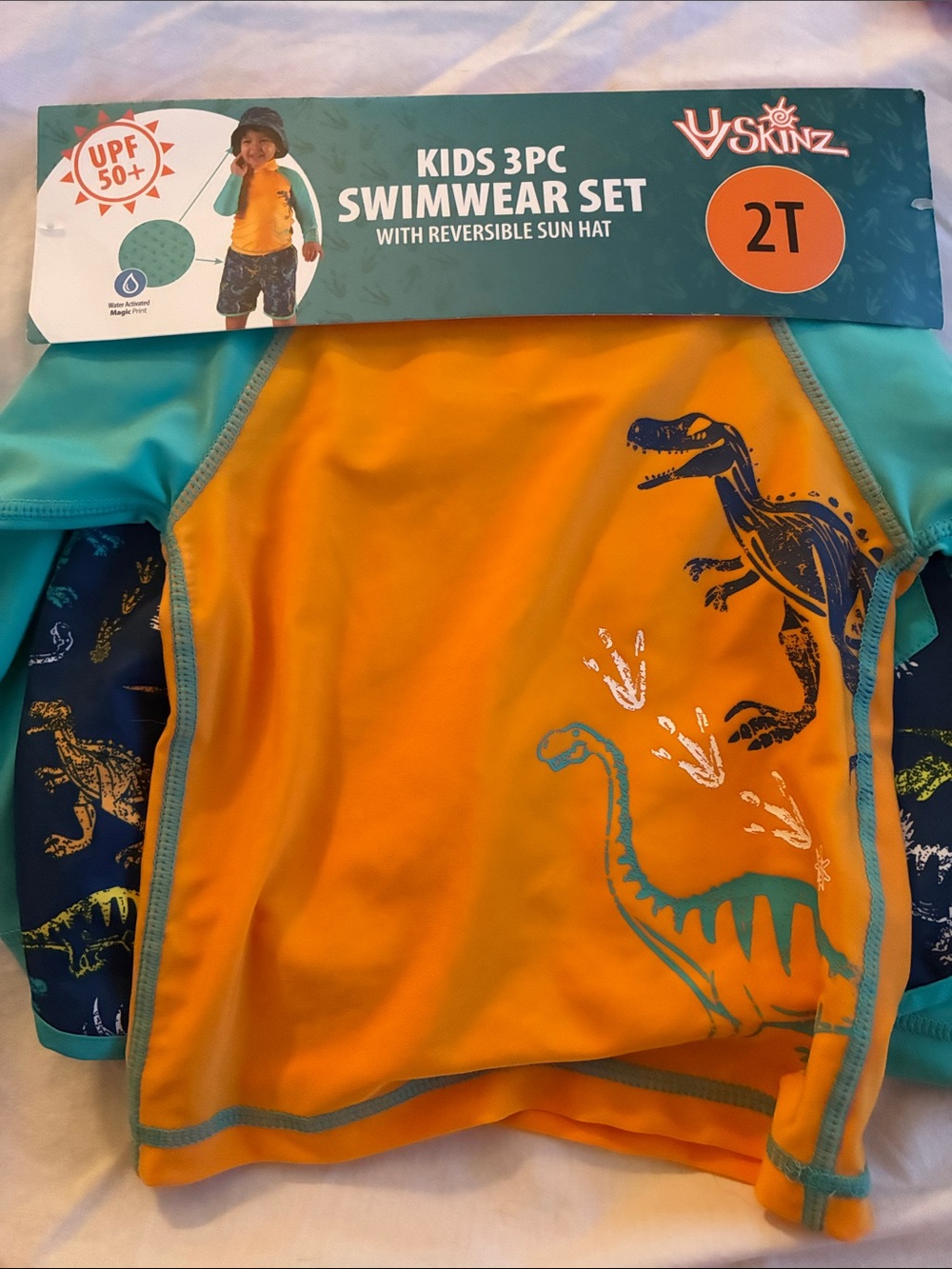 UV Skinz Kids Orange & Teal Dinosaur 3-Piece Swim Rashguard Set - 2T